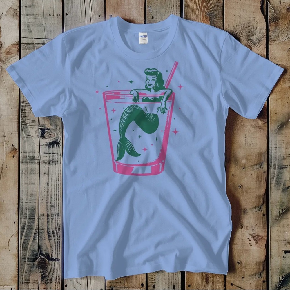 Light Blue Mermaid Cocktail Glass Graphic Tee